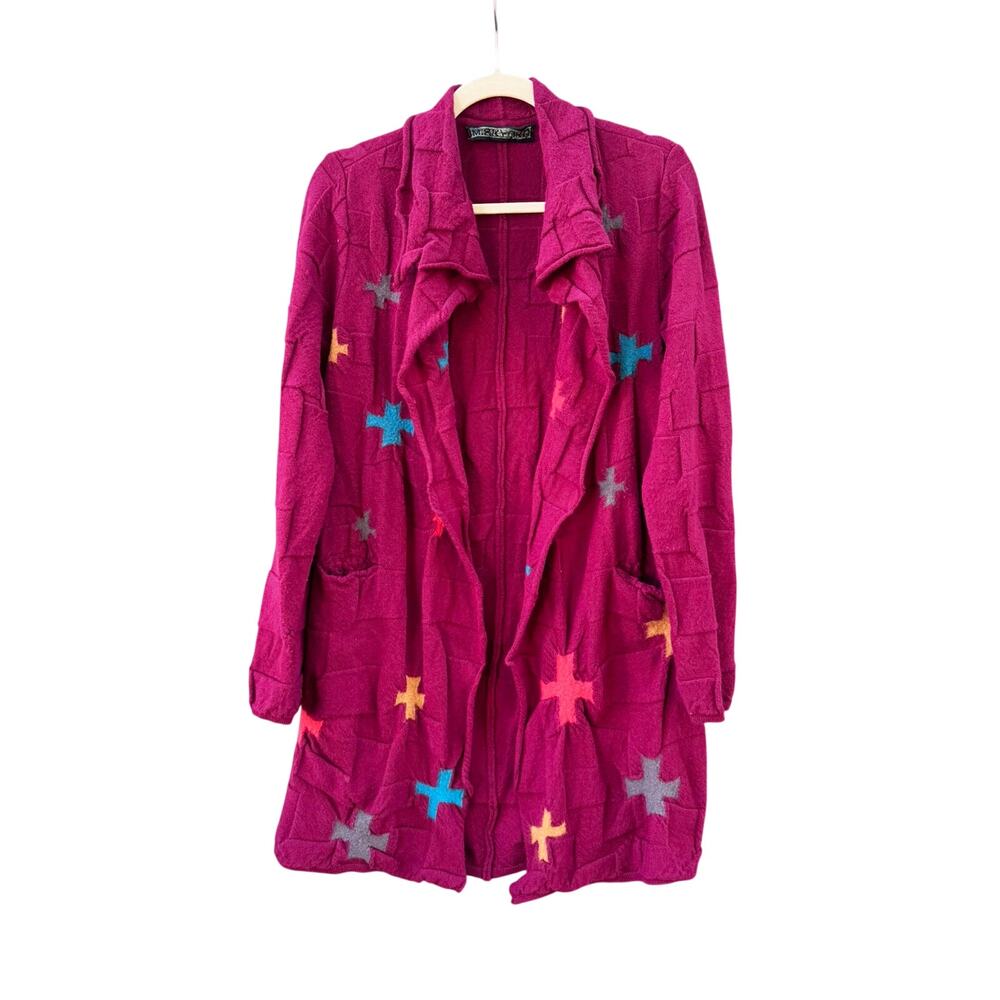 M.& KYOKO Cross Print Textured Maroon Red Wool Sweater Duster 2 Medium M